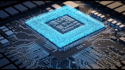 Blue beam activating square computer chip. Digital light rays and particle burst processing data. Modern quantum computing visualization for 5G internet technology concept. Futuristic circuit glow