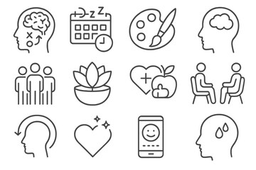Icons of Mental Well-being. Line style icons of Mental Health Strategies: cognitive exercises, sleep routine, hobby time,
