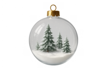 Transparent glass sphere containing a miniature winter forest scene, featuring snow-covered pine trees and falling snow