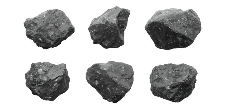 Dark basalt rocks isolated on transparent background, displaying their rugged and textured surfaces