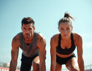Male and female athletes on track ready to sprint. Determined runners poised at starting line for race. Competitive sports pair focused, fit, prepared for athletic challenge.