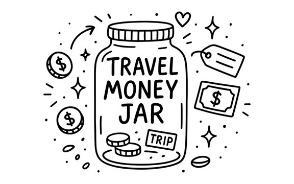 Hand drawn travel money jar with coins and tags doodle