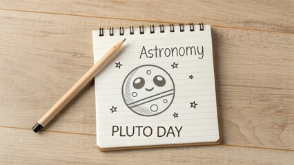 A spiral bound notebook with Pluto Day drawing and pencil