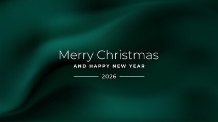 Merry Christmas and Happy New Year with a futuristic 2026 on an abstract green gradient background. Modern holiday greeting card design.