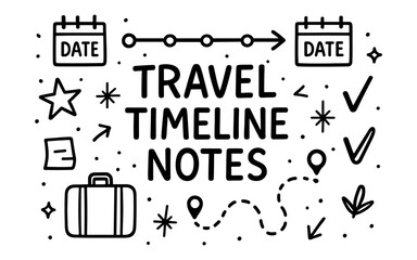 Travel timeline notes with hand drawn icons and symbols