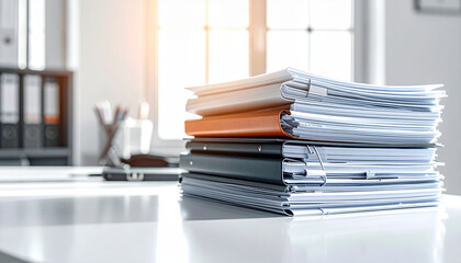 Stack of office documents with 70% left negative space. AI-generated.