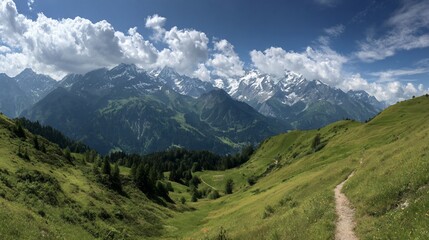 Obraz premium Green valley view of snowy mountain range under a partly cloudy sky