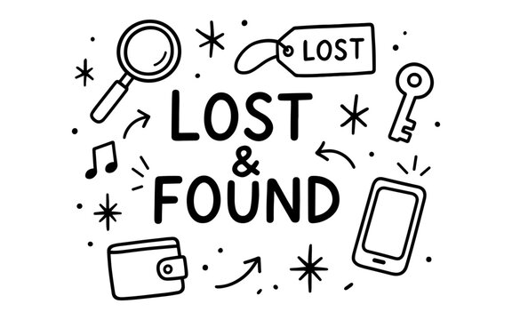 Lost and found doodle with key, phone, wallet, and magnifying glass