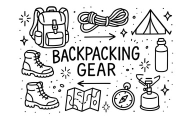 Obraz premium Essential backpacking gear line art set with outdoor camping elements