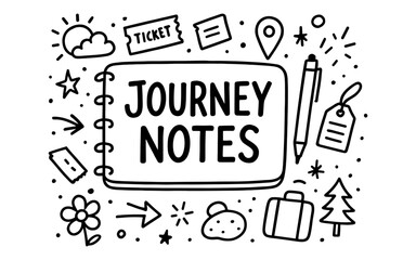 Travel journal doodle with adventure icons in black and white