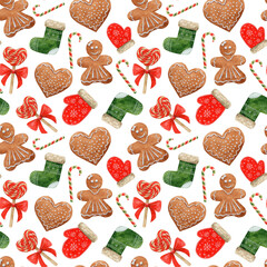 Christmas watercolor decor, seamless pattern. Hand painted holiday elements isolated on white background. Illustrations include candy canes, gingerbread, heart, mitten, sock.