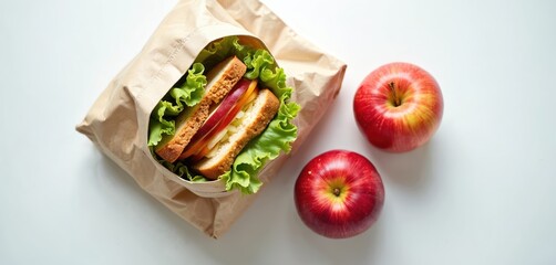 Brown paper bag holds sandwich with lettuce tomato cheese and apple slices. Two red apples sit beside bag on white surface. Meal prep for healthy lunch or picnic.