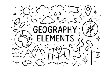 Obraz premium Geography elements outline: map, compass, mountains, and weather symbols