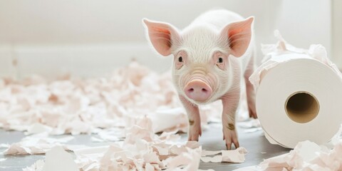 An adorable piglet can be seen joyfully playing in a pile of shredded paper, delighting viewers