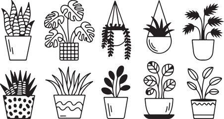 Naklejka premium Variety of potted houseplants presented in black outline showcases diverse foliage and pot styles