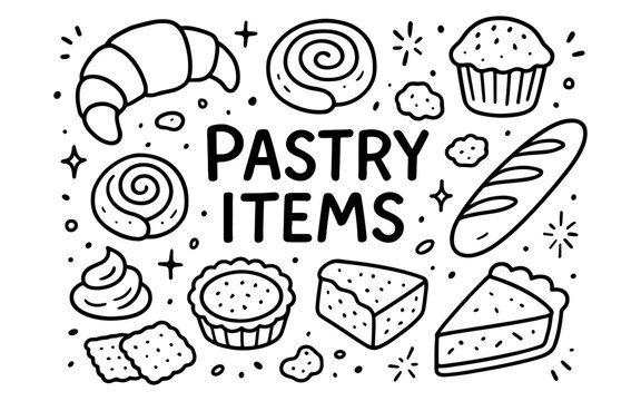 Black and white doodle of assorted pastry items for bakery designs