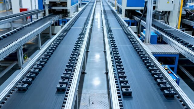Medium shot of sequenceoptimized factory floor highlighting conveyor belts moving prefabricated components in systematic order for streamlined assembly.