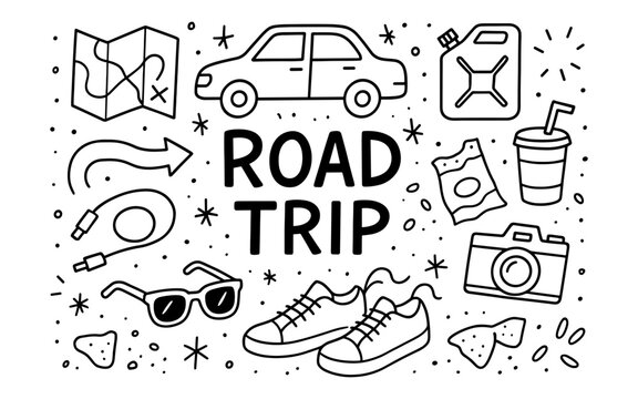 Doodle road trip essentials: map, car, and snacks in playful style