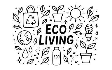 Eco living concept with recycling bag and sustainable elements in line art