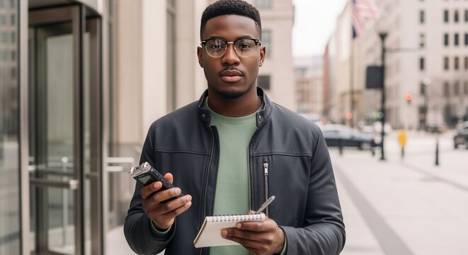 Young Black journalist holding a recorder and notepad on a city street. Professional African American reporter conducting an interview or investigation outdoors