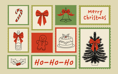 Hand-drawn winter holiday whimsical postage stamps with Christmas and New Year motifs, ideal for posters, postcards, mail art, and festive scrapbooking designs. Xmas doodle-style vector illustration.
