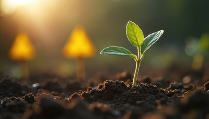 New green plant sprouts from dark soil in sunlight. Yellow markers stand behind, signifying caution or progress on disturbed terrain. Hopeful new life emerges.