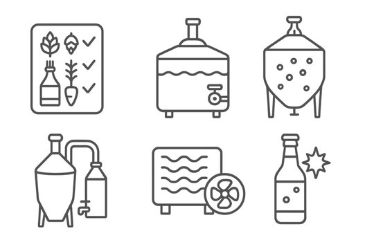 Brewing Process Icons. Line style icons of brewing process stages: ingredient selection board, mash tun icon, fermentation phase,