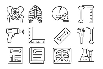 Fototapeta premium Skeletal Analysis Icons. Line style icons of Skeletal Analysis: pelvis bone, rib cage, skull fragment, tibia; bone scanner,
