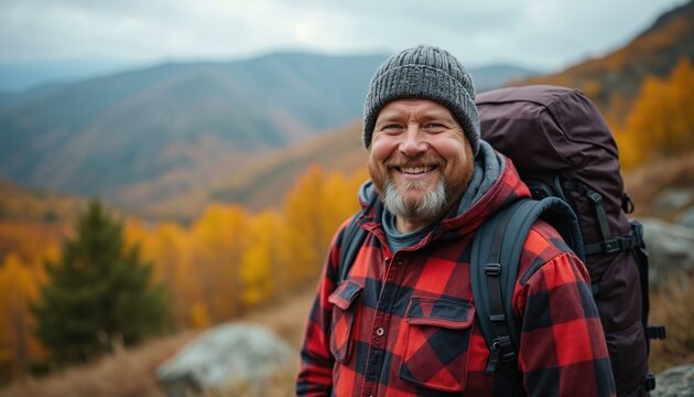 Middle aged man with beard wears hat and red plaid shirt, carrying large backpack, smiles happily while hiking in autumn mountains. Enjoying nature, scenic view.