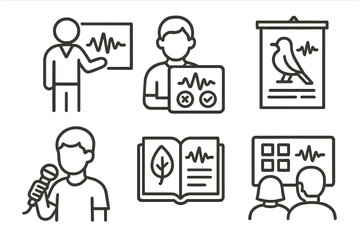 Fototapeta premium Bioacoustic Education Icons. Line style icons of bioacoustic education: teacher with waveform board, student sound ID test, school