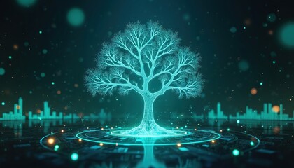 Abstract glowing tree network represents growth of digital data. Future finance and tech concepts grow on illuminated circuit board. City skyline in background.