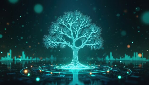 Abstract glowing tree network represents growth of digital data. Future finance and tech concepts grow on illuminated circuit board. City skyline in background.
