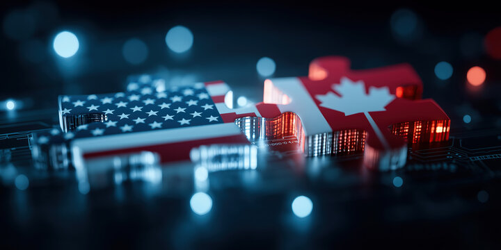 American and Canadian flags connected through illuminated digital network representing trade.
