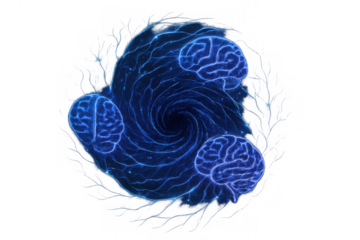 Mental vortex abstract concept with glowing brains swirling, representing powerful mind, intelligence, and consciousness on a transparent background