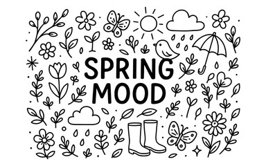Naklejka premium Spring mood doodle with flowers, sun, and rain in black and white