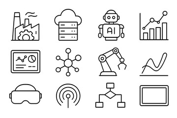 Digital Transformation Icons. Line style icons of Digital Transformation: smart factory, cloud server, AI robot, data flow; tablet