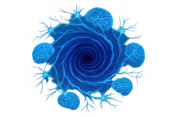 Blue hive mind concept with swirling energy vortex and connected brains, representing collective consciousness and neural networks