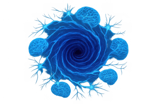 Blue hive mind concept with swirling energy vortex and connected brains, representing collective consciousness and neural networks