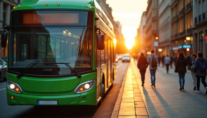 Green electric bus drives on city street at sunrise. People walk on sidewalk. Clean transport concept. Urban commute on zero emission vehicle in morning.