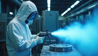 Worker in protective suit applies blue powder coat with spray gun onto metal part. Industrial manufacturing process of surface treatment and finishing in factory.