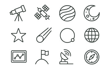 Planetary Observation Icons. Line style icons of Planetary Observation: Telescope, Satellite, Planet, Moon; Star, Comet, Orbit