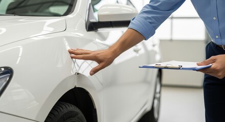 Car insurance adjuster inspecting scratches and dents on white vehicle fender with clipboard for claim.