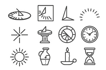 Sundial Icons Collection. Line style icons of Sundials and Timekeeping: horizontal sundial, vertical sundial, gnomon, hour markers