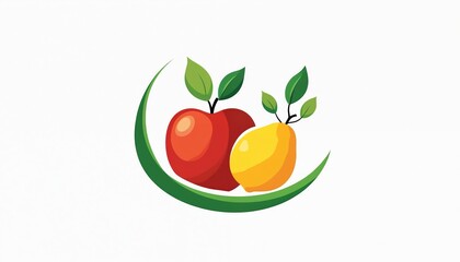 Abstract apple and lemon logo with green leaves and curved stem. Represents organic food delivery and healthy lifestyle. Fresh natural produce symbol for eco-friendly business.