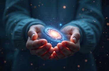 Hands cradle a glowing spiral galaxy. Celestial swirl of stars and nebulae held gently. Cosmic wonder and human connection shown in darkness.