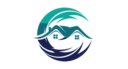 Obraz premium Abstract Coastal Home Logo Depicting Wave Elements and Architectural Imagery