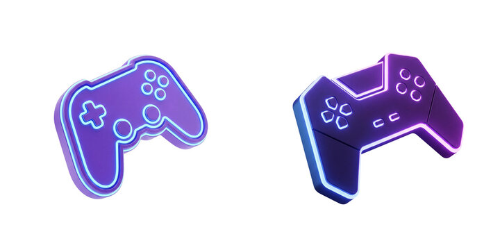 3D neon game controller icon with futuristic glowing lights isolated on transparent background for gaming