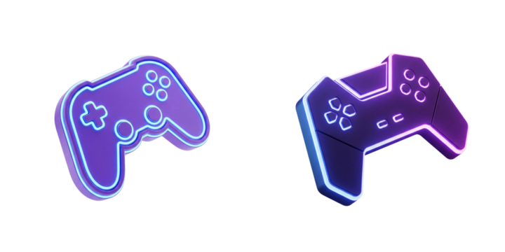 3D neon game controller icon with futuristic glowing lights isolated on transparent background for gaming - Powered by Adobe