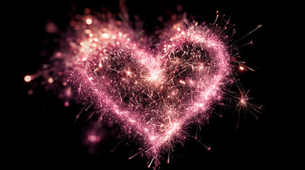 Heart shape formed by vibrant fireworks and sparkling lights on a minimalistic background, creating a festive, romantic, and celebratory visual with elegant simplicity.
