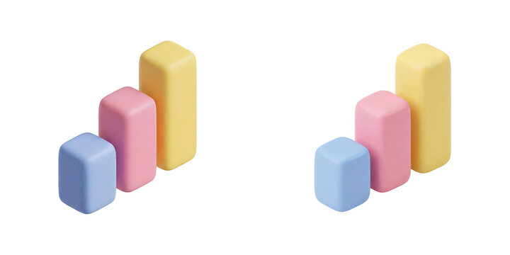 Minimalist 3D bar chart on transparent background for business data visualization and financial growth.